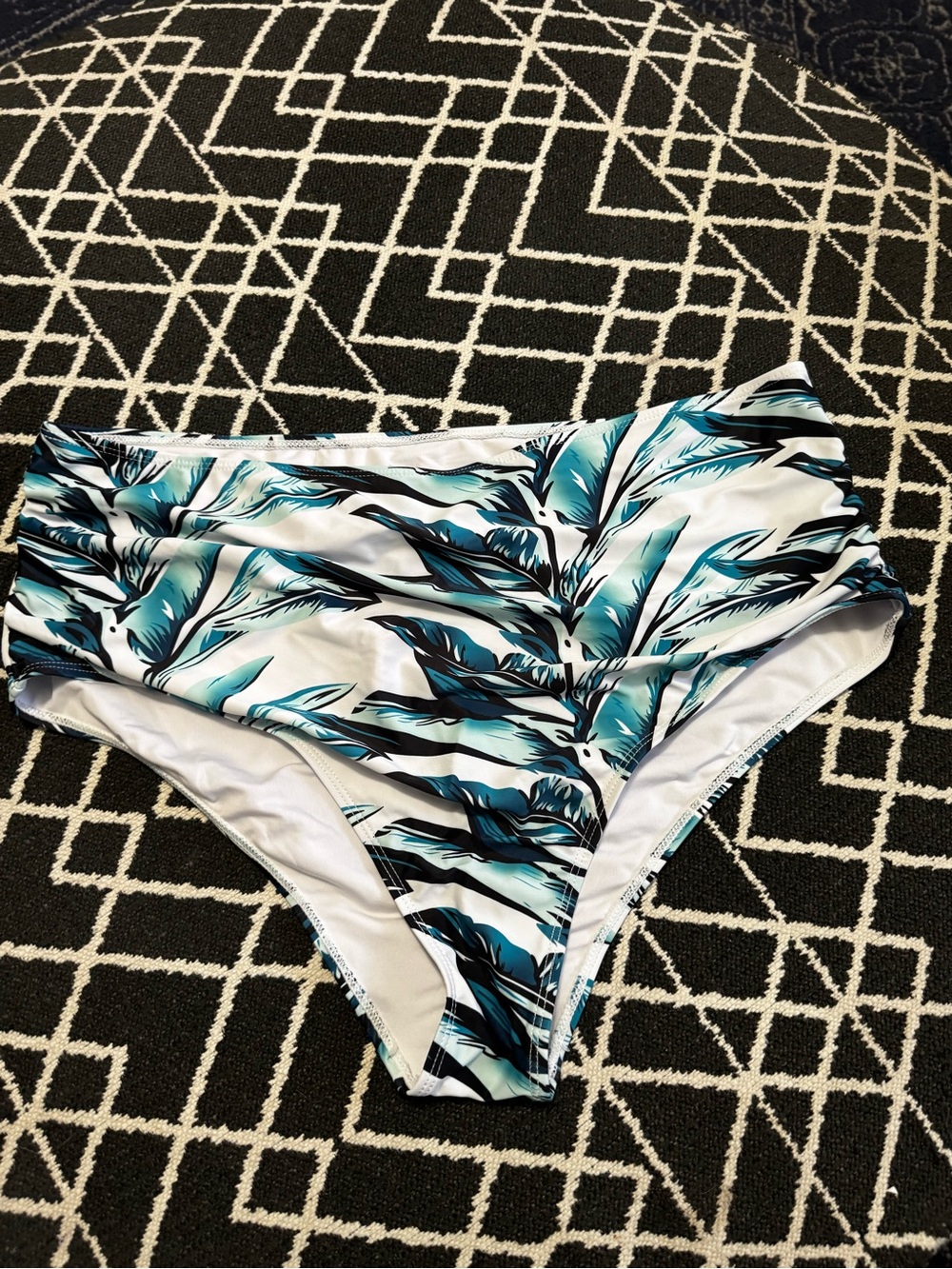 SHEIN High Rise Ruched Swim Bottoms 2X Blue Teal Black Tropical